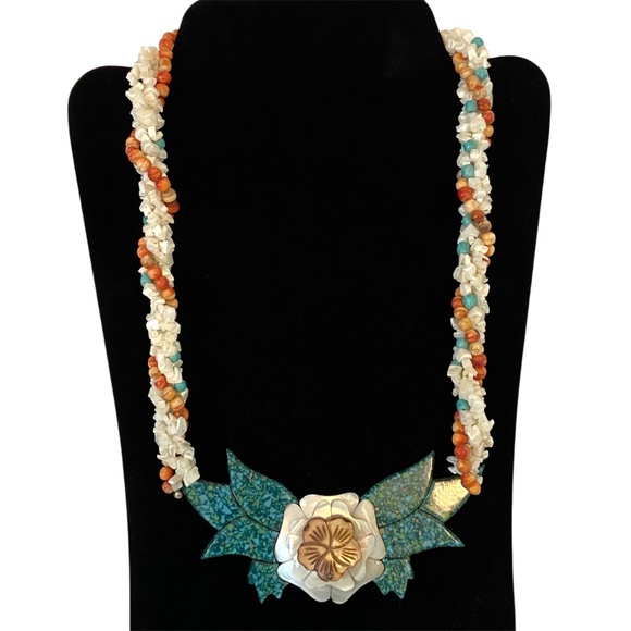 Vintage Tropical Floral Statement Necklace 24” Mother of Pearl Tiki Retro - Picture 1 of 8